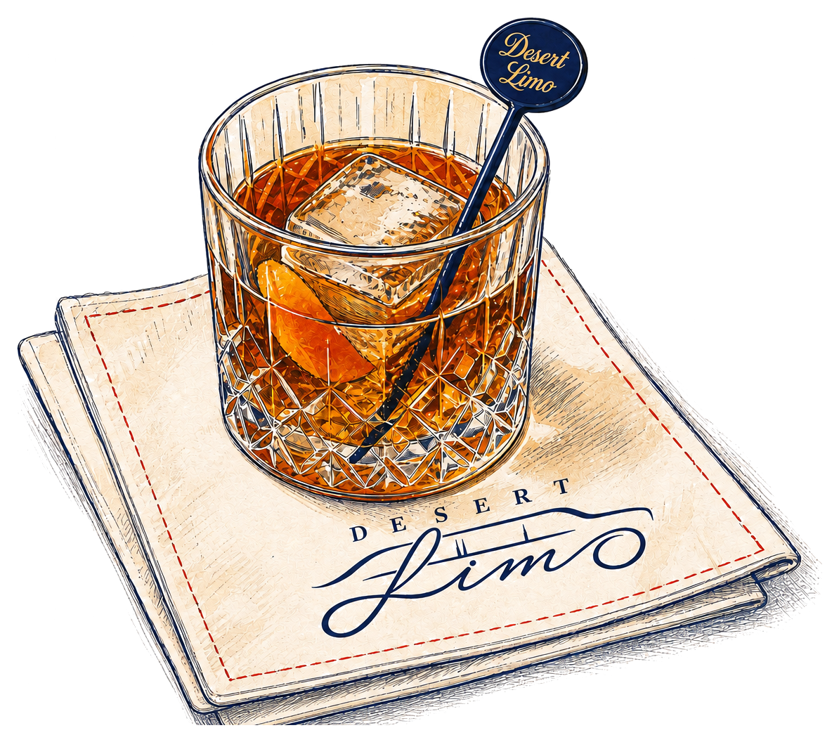 Hand-drawn amber cocktail on a Desert Limo napkin with a branded stir stick