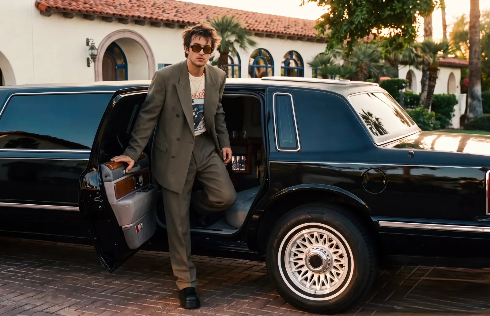 A guest stepping out of the Desert Limo in front of a Spanish-style hotel