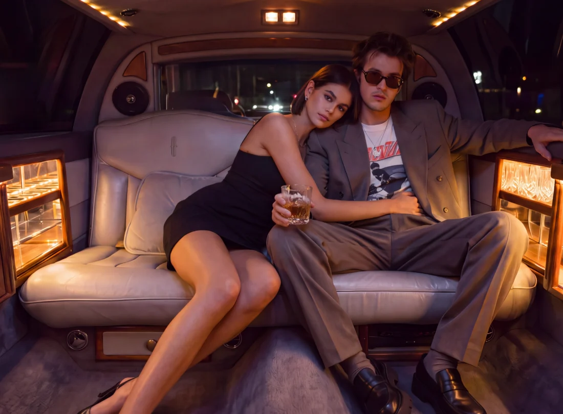 A couple in the back seat of the Desert Limo, a restored 1995 Lincoln Town Car
