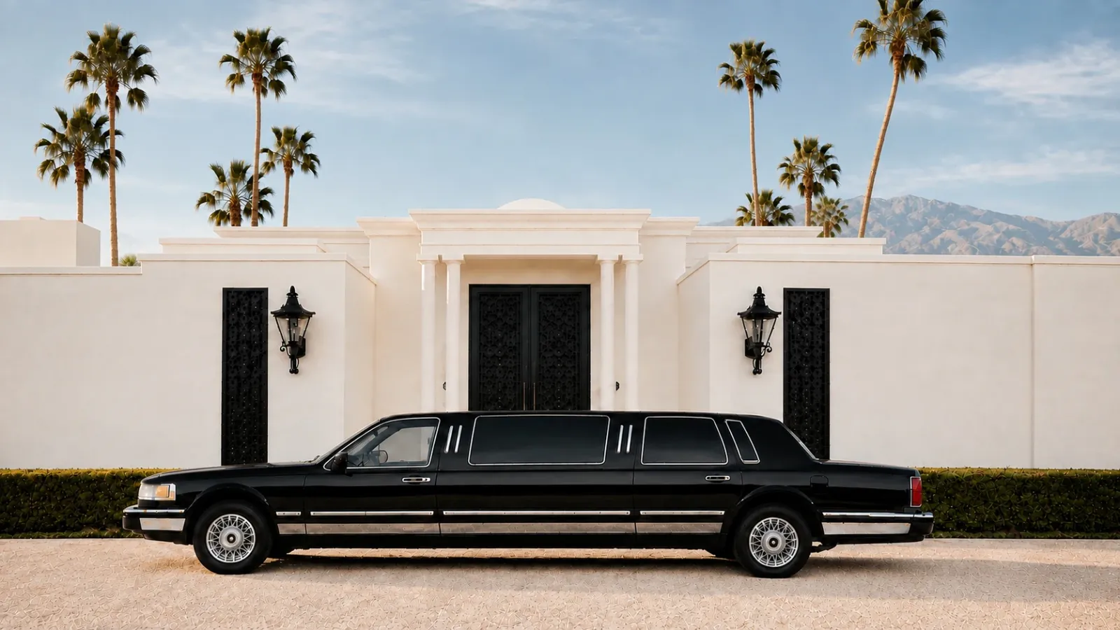 The black Desert Limo, a restored 1995 Lincoln Town Car, parked in front of a white villa