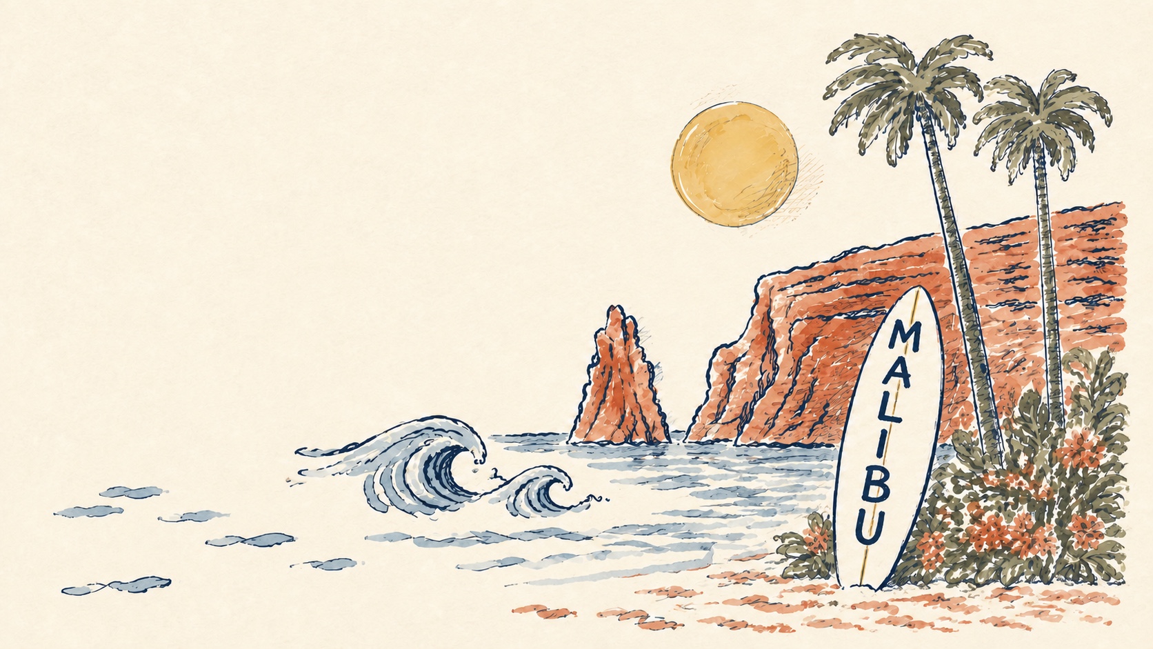 Hand-painted Malibu sea stacks, curling waves, palms, and a vintage surfboard.