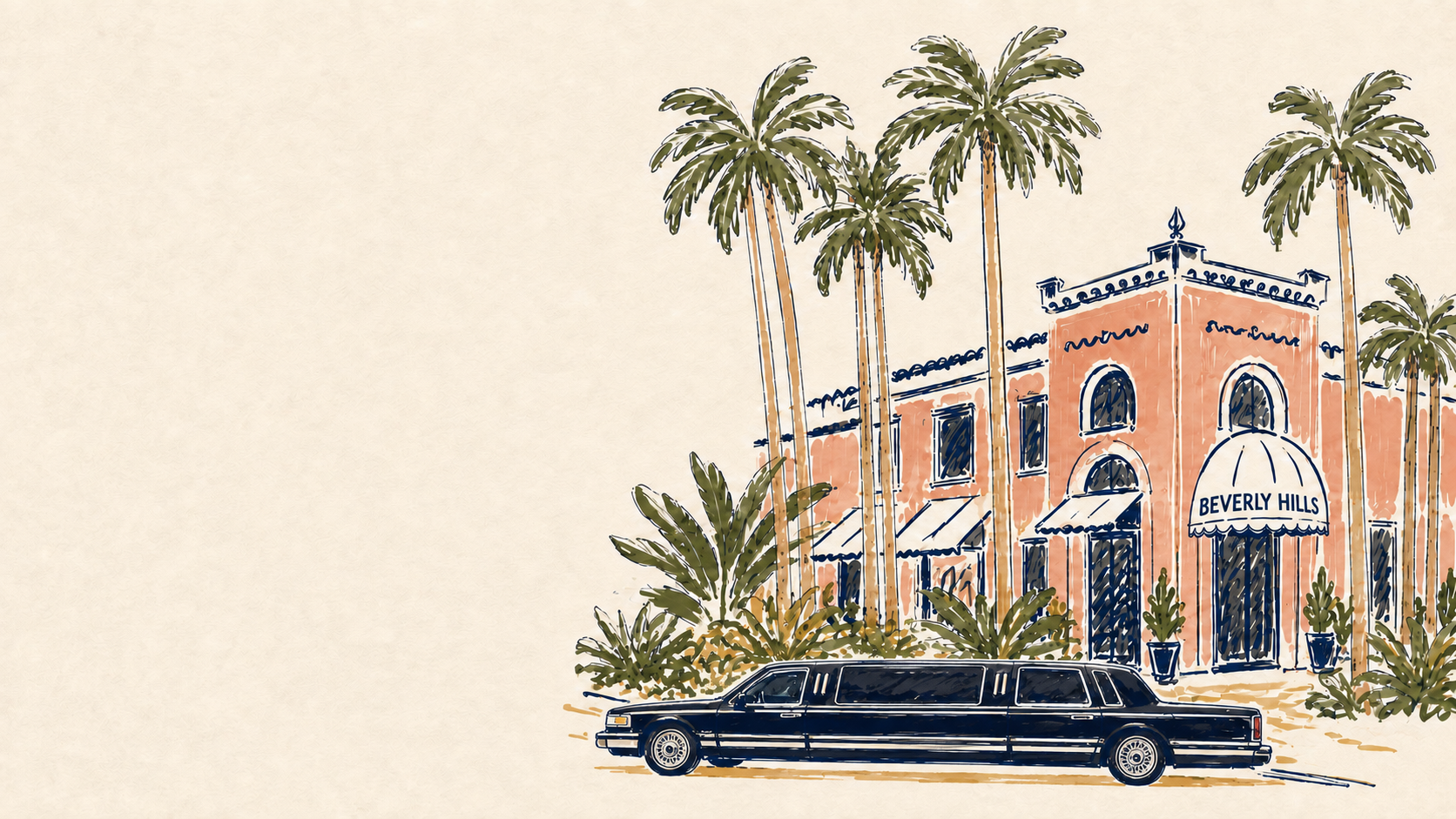 Hand-painted palms, a coral Beverly Hills facade, and the navy Desert Limo.