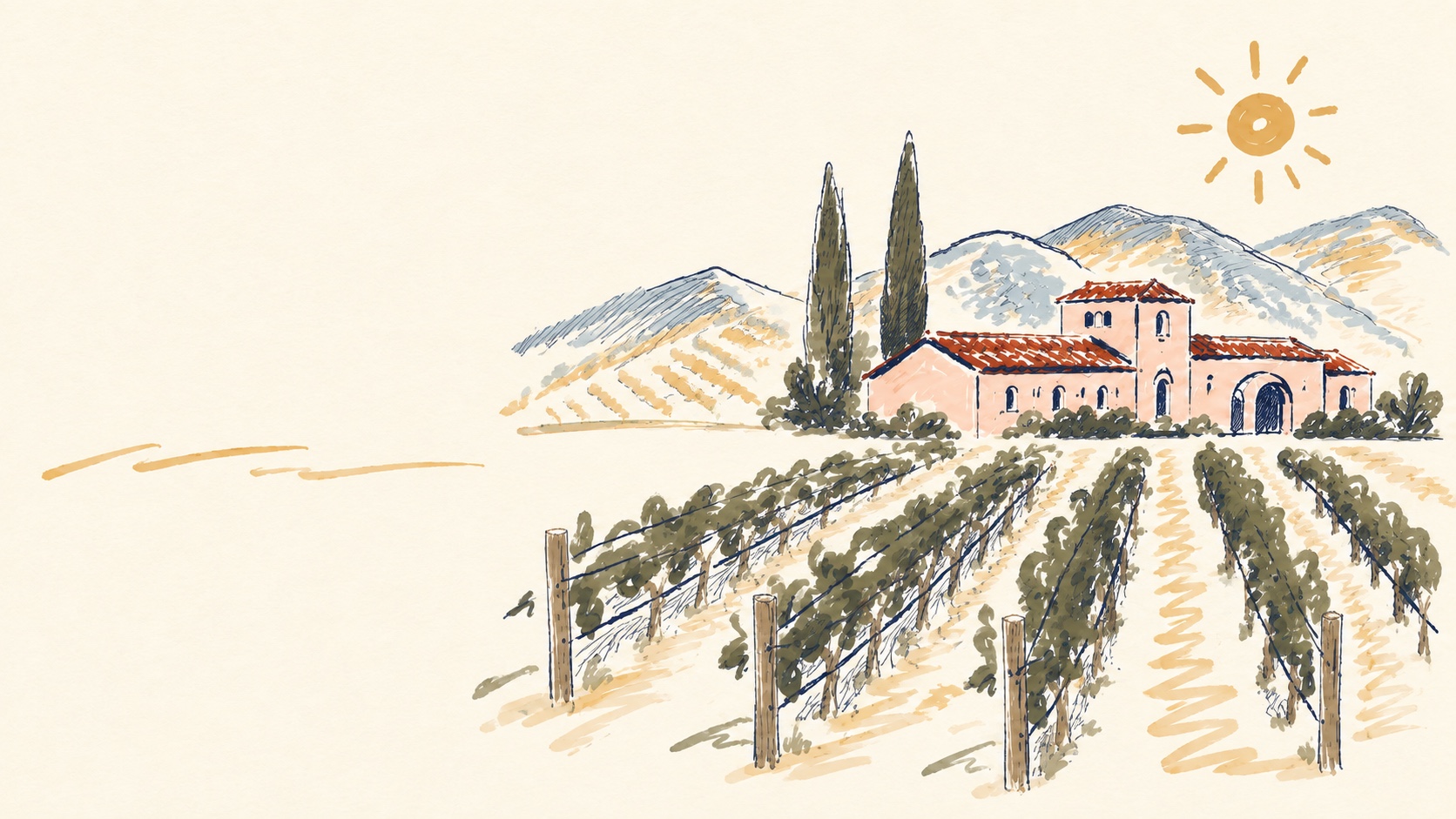 Hand-painted vineyard rows leading to a Temecula winery, with cypress trees and golden hills.